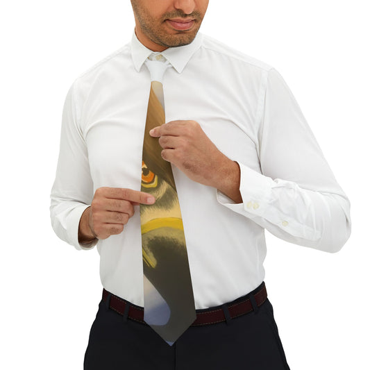 Man adjusting a long, colorful tie on a white shirt against a white background